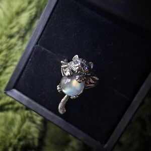 Silver Winged Cat Ring with Labradorite & Blue Topaz Gemstone